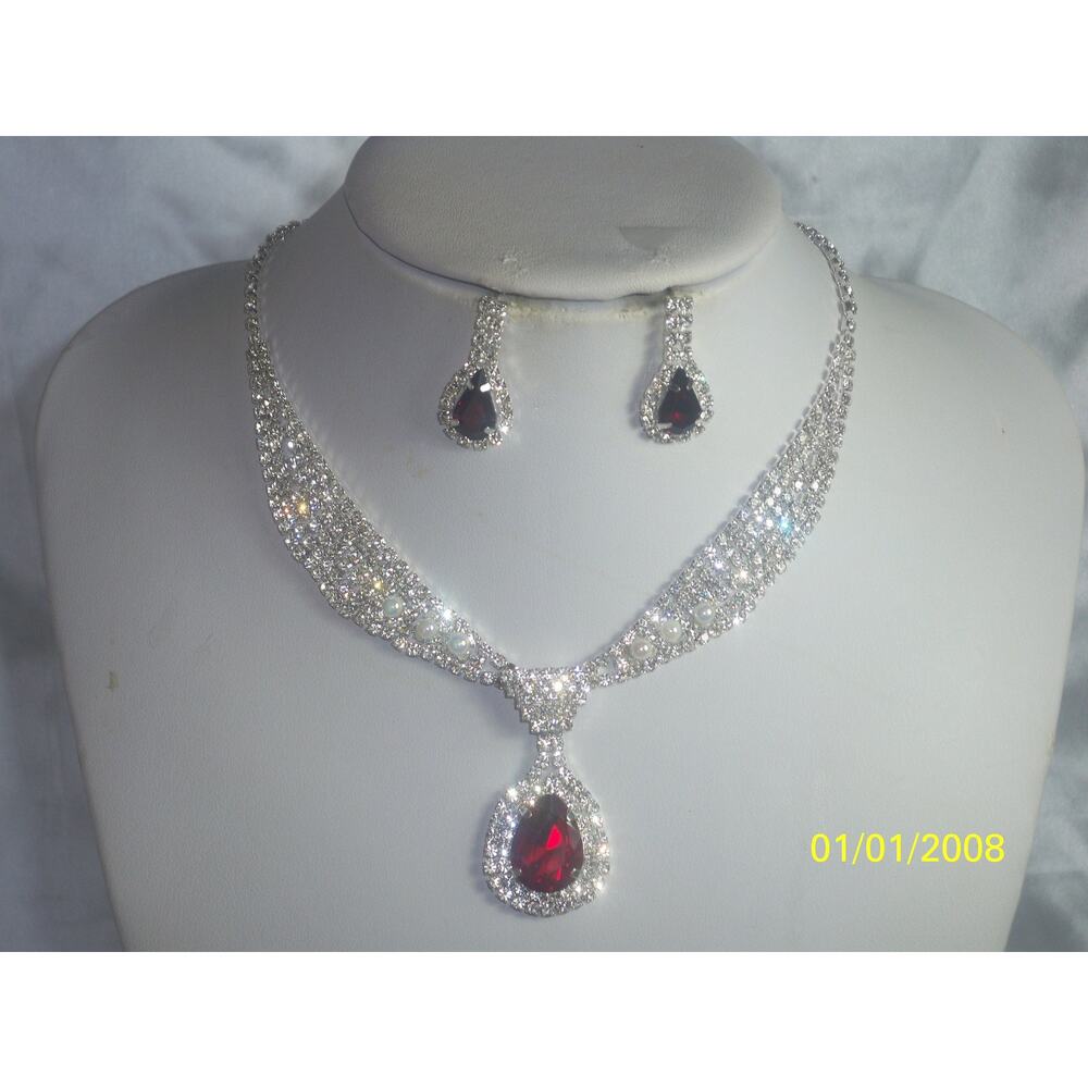 Red Clear Rhinestone necklace set, wedding MOB  prom party formal necklace